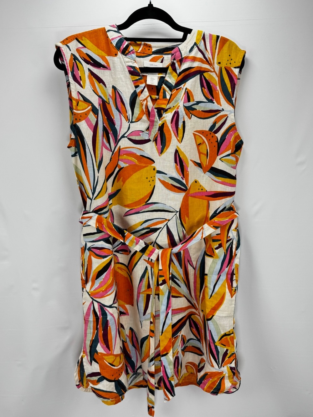 Sleeveless Tropical Print Linen Tie-Waist Dress - Orange & Pink